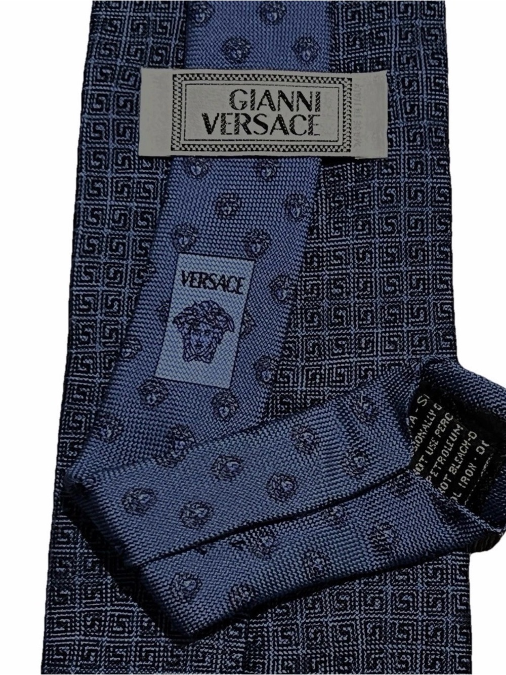 Vintage Versace Blue Geometric Medusa Motif Tie Made in Italy 100% Silk